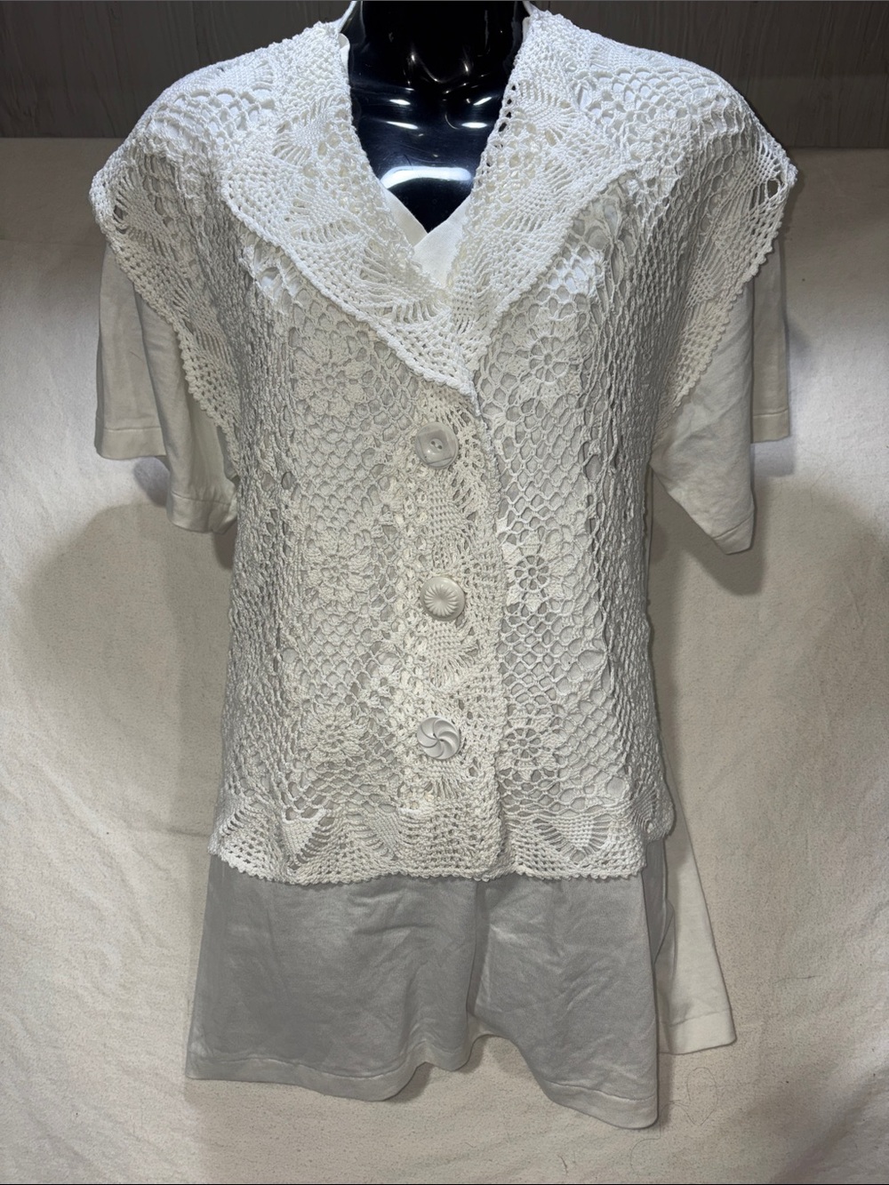 Vintage Custom White Cotton Crochet Lace Overlay Anvil Tunic Tee Shirt Size L XL